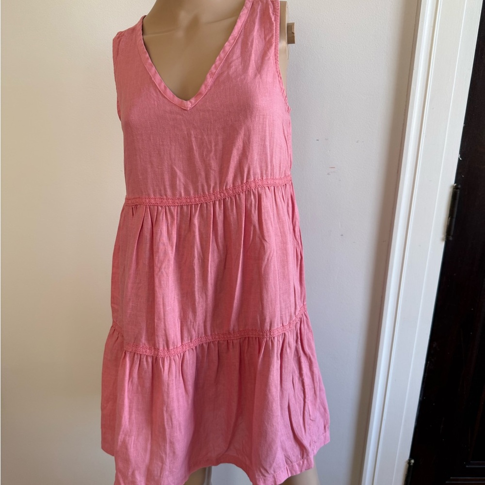 Pink Linen Sleeveless V-Neck Dress